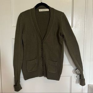 Zara M olive green knit cardigan with brown elbow patches